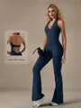Navy blue lace V-neck yoga jumpsuit with flare pants and an open back design detail - XL / Set / Black