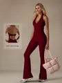 Dark burgundy halter neck yoga jumpsuit featuring lace V-neck and open-back design - S / Set / Burgundy