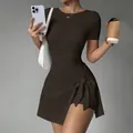 Slim fit brown tennis dress with side bow and built-in shorts for active lifestyle - S / Dresses / Brown