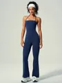 Premium navy blue halter neck yoga jumpsuit with flared legs and slimming waist design - S / Jumpsuit / Navy Blue