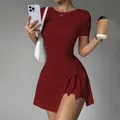 Elegant burgundy slim fit athletic tennis dress with a stylish side bow detail - S / Dresses / Burgundy