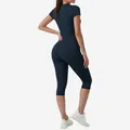 High-waist navy blue yoga set with short sleeve top and quick-dry capri leggings - S / Top And Bottom / Navy Blue