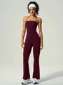 Elegante bordeauxrode halterneck yoga jumpsuit met uitlopende lange broek voor fitness - Bordeauxrood