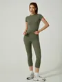 Olive green quick-dry yoga set with short sleeve t-shirt and high waist capri leggings - S / Top And Bottom / Neptune Green