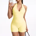 Pale yellow lace V-neck halter yoga romper for women's fitness and daily workout - S / Set (Shorts Style) / Yellow