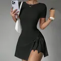 Black short sleeve athletic dress with bow tie waist detail - S / Dresses / Black
