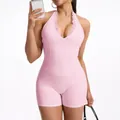 Pink halter neck one-piece yoga romper with lace V-neck and slim fit athletic bodysuit - S / Set / Pink