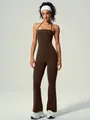 Hoge elasticiteit donkerbruine halter eendelige yoga jumpsuit met wijde pijpen - Bruin