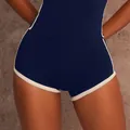 High-waist quick-dry navy blue yoga sports shorts with white contrast piping for fitness - S / Bottoms / Navy Blue