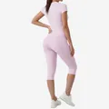 Women's pink high-waisted yoga set with short sleeve top and 3/4 length leggings - S / Top And Bottom / Pink