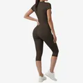 Women's dark olive high-waist yoga set with short-sleeve top and cropped leggings - S / Top And Bottom / Coffee
