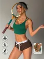 Sports bra and shorts set in green with a unique cross-cut back design for yoga sessions - XS / Tops / Green