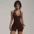 Combinaison de yoga marron sans manches avec fermeture éclair pour le fitness des femmes - S / Combinaison / Marron