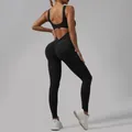 Professional black high waist scrunch butt yoga jumpsuit bodysuit for gym workout - S / Cuffed Leg (Set) / Black