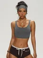 Slim fit charcoal grey sports bra for yoga and running featuring dual thin shoulder straps. - Dark Gray
