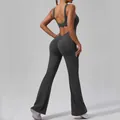 Dark grey backless yoga jumpsuit with flared legs and high-waist butt-lifting design - S / Flared Leg (Set) / Elegant Grey