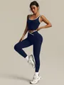 Professional navy blue seamless yoga set featuring white contrast trim and leggings - L / Top And Bottom / Navy Blue