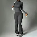 Premium dark grey yoga set featuring a zip-up long sleeve jacket and flared leggings - S / Top And Bottom / Dark Gray
