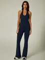 Seamless halter neck yoga jumpsuit with flared legs in navy blue, elegant sports apparel - S / Set / Navy Blue