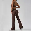 Brown backless yoga jumpsuit with high waist scrunch butt and flare leg pants - S / Flared Leg (Set) / Coffee Brown