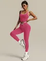 Two-piece seamless pink yoga set featuring a white-trimmed tank top and v-waist leggings. - S / Top And Bottom / Rose Red