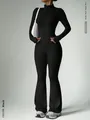 Black two-piece yoga set with long sleeve zipper jacket and high waist flare pants. - S / Top And Bottom / Black