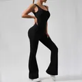 Slim fit black flare leg yoga jumpsuit bodysuit for women workout and gym fitness - S / Flared Leg (Set) / Black
