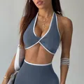 Set yoga due pezzi blu grigio con nodo a torsione e profilo bianco per fitness - Grigio