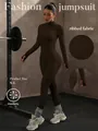 Brown long sleeve ribbed yoga jumpsuit for seamless slim fit women's fitness wear. - Brown