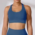 Premium blauwe high-strength geribbelde sportbeha met vaste cups voor yoga en fitness. - S / Tops / Haze Blauw