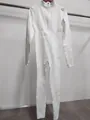 White seamless long sleeve yoga jumpsuit with zipper neck and thumb holes for fitness - Bleached White