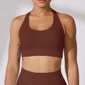 Bruine geribbelde sportbeha met hoge impact en bijpassende yoga-leggings voor dames - S / Tops / koffiekleur