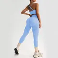 Ensemble de yoga bleu sans couture avec brassière et legging effet push-up fessier. - S / Haut Et Bas / Bleu