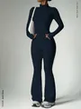 Professional dark blue long-sleeve zipper jacket and flared yoga pants set for women - Navy Blue
