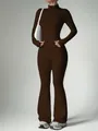 Two-piece brown yoga set with zip long sleeve jacket and high waist flare pants - Brown