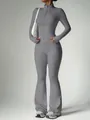 Two-piece grey yoga set with zip-up long sleeve jacket and high-waist flared pants - Medium Grey