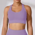High-impact purple ribbed sports bra for women yoga and fitness training support. - Violet