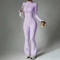 Lavender yoga set featuring zip-up long sleeve jacket and matching flared fitness pants. - Light Purple