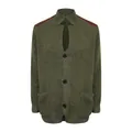 Vintage green knitted cardigan with brown PU shoulder patches and button closure. - S / Tops / Army Green