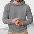 Close-up view showing the soft texture and stitch detail of a grey hooded knitted sweater - M / Tops / Gray