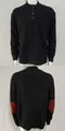 Detail view of men's black cable knit sweater with buttons and red elbow patches - M / Tops / Black