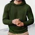 Detailed view of a men's dark green textured hooded knit sweater with ribbed cuffs and hem - M / Tops / Army Green