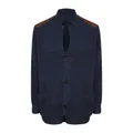 Detail of navy knit cardigan featuring brown PU leather shoulder patches - S / Tops / Navy Blue