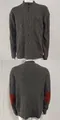 Detailed front and back view of men's cable knit sweater with red elbow patches - M / Tops / Dark Gray