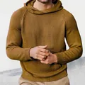 Detailed macro view of men's brown knit hoodie showing the premium ribbed texture - M / Tops / Brown