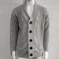 Detail view of men's grey cable knit cardigan with shawl collar and buttons. - S / Tops / Light Gray