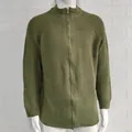 Close-up view of the olive green ribbed knit cardigan featuring a full-length zipper. - M / Tops / Army Green