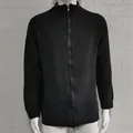 View of men's black ribbed knit cardigan sweater featuring a full zipper and warm mock neck - M / Tops / Dark Gray
