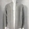 Close-up of gray waffle knit texture on men's open-front cardigan with shawl collar. - M / Tops / Gray