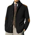 Detailed view of men's black knit cardigan with brown PU elbow and shoulder patches - M / Tops / Black